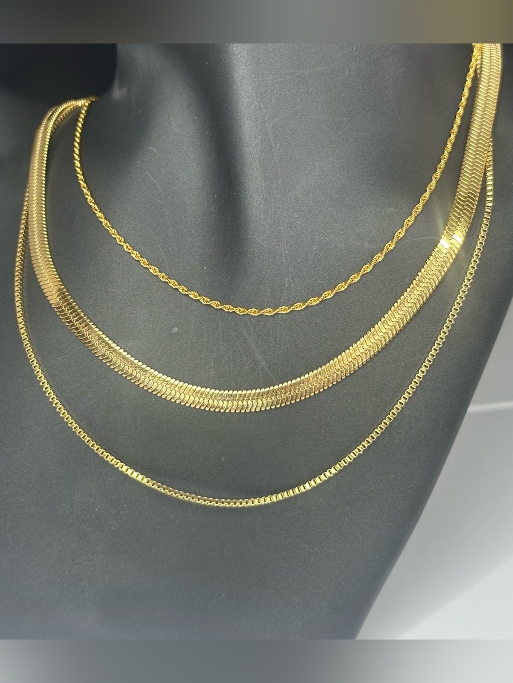Gold Tone Triple Layer Necklace Mixed Metals Adjustable Herringbone